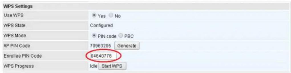WPS Settings Use WPS Yes No WPS State Configured WPS Mode PIN code PBC AP PIN Code 70963205 Generate Enrollee PIN Code 04640776 WPS Progress Idle Start WPS