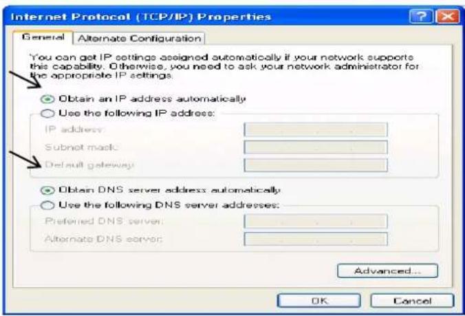 Internet Protocol (TCP/IP) Properties General Alternate Configuration You can get IP settings assigned automatically if your network supports this capability. Otherwise, you need to ask your network administrator for the appropriate IP settings. Obtain an IP address automatically Use the following IP address: IP address: ________ Subnet mask: ________ Default gateway: ________ Obtain DNS server address automatically Use the following DNS server addresses: Preferred DNS server: ________ Alternate DNS server: ________ Advanced... OK Cancel