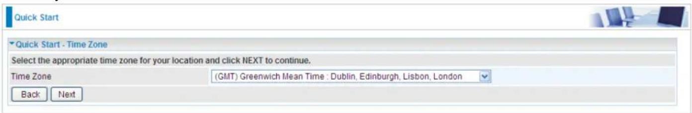 Quick Start Quick Start - Time Zone Select the appropriate time zone for your location and click NEXT to continue. Time Zone (GMT) Greenwich Mean Time : Dublin, Edinburgh, Lisbon, London Back Next
