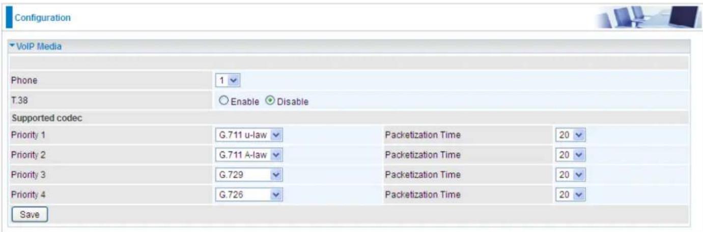 Configuration VoIP Media Phone 1 T.38 Enable Disable Supported codec Priority 1 G.711 u-law Packetization Time 20 Priority 2 G.711 A-law Packetization Time 20 Priority 3 G.729 Packetization Time 20 Priority 4 G.726 Packetization Time 20 Save