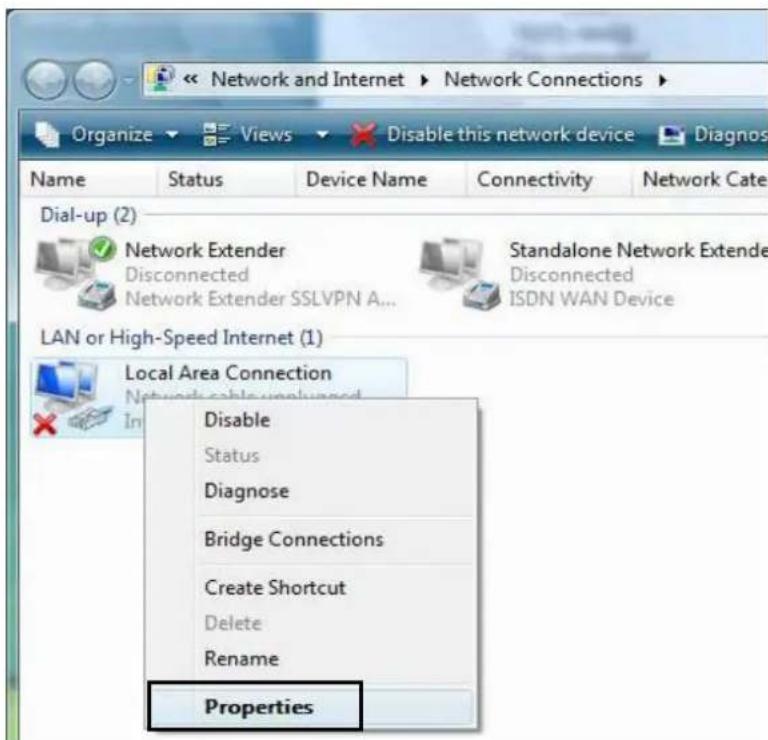 Network and Internet ▶ Network Connections ▶ Organize ▼ Views ▼ Disable this network device ▶ Diagnos Name Status Device Name Connectivity Network Cate Dial-up (2) Network Extender Disconnected Network Extender SSLVPN A... Standalone Network Extende Disconnected ISDN WAN Device LAN or High-Speed Internet (1) Local Area Connection Network cable unplanned Disable Status Diagnose Bridge Connections Create Shortcut Delete Rename Properties