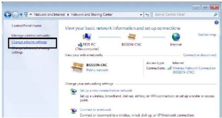 Network and Internet ▶ Network and Sharing Center Control Panel Home Manage wireless networks Change adaptive settings Change advanced sharing settings: View your basic network information and set up connections TEST-PC (This computer) BGS10N-CNC Internet See full map View your active networks Connect or disconnect BGS10N-CNC Public network Access type: Internet Connections: Wireless Network Connection (BGS10N-CNC) Change your networking settings Set up a new connection or network Set up a wireless, broadband, dial-up, ad hoc, or VPN connection; or set up a router or access point. Connect to a network Connect or reconnect to a wireless, wired, dial-up, or VPN network connection.