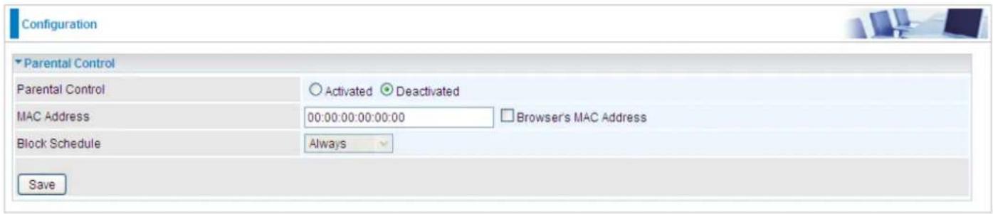 Configuration Parental Control Parental Control ○ Activated ● Deactivated MAC Address 00:00:00:00:00:00 Browser's MAC Address Block Schedule Always Save