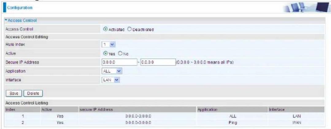 Configuration Access Control Access Control Activated Deactivated Access Control Editing Rule index 1 Active Yes No Secure IP Address 0.0.0.0 ~ 0.0.0.0 (0.0.0.0 ~ 0.0.0.0 means all IPs) Application ALL Interface LAN Save Delete Access Control Listing Index Active secure IP Address Application Interface 1 Yes 0.0.0.0-0.0.0.0 ALL LAN 2 Yes 0.0.0.0-0.0.0.0 Ping WAN