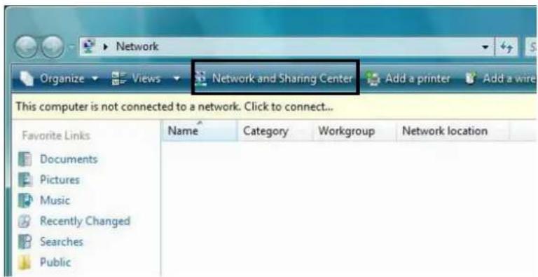Network Organize Views Network and Sharing Center Add a printer Add a wire This computer is not connected to a network. Click to connect... Favorite Links Name Category Workgroup Network location Documents Pictures Music Recently Changed Searches Public
