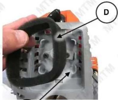 Close-up of a mechanical component with labeled parts and annotation D