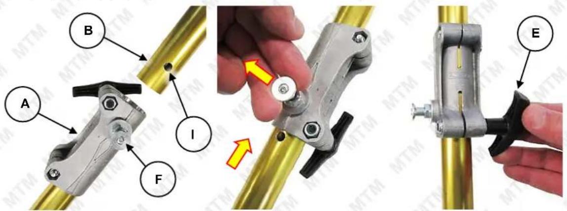 Technical diagram showing mechanical assembly steps with labeled parts A through F, including a highlighted section and directional arrows.