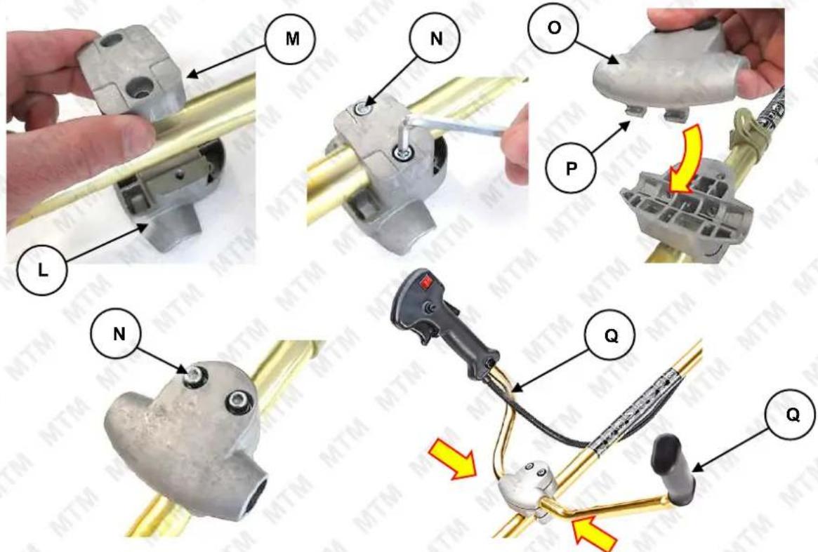 Technical diagram showing mechanical assembly steps with labeled parts (M, N, O, P, Q) and directional arrows indicating movement or adjustment.