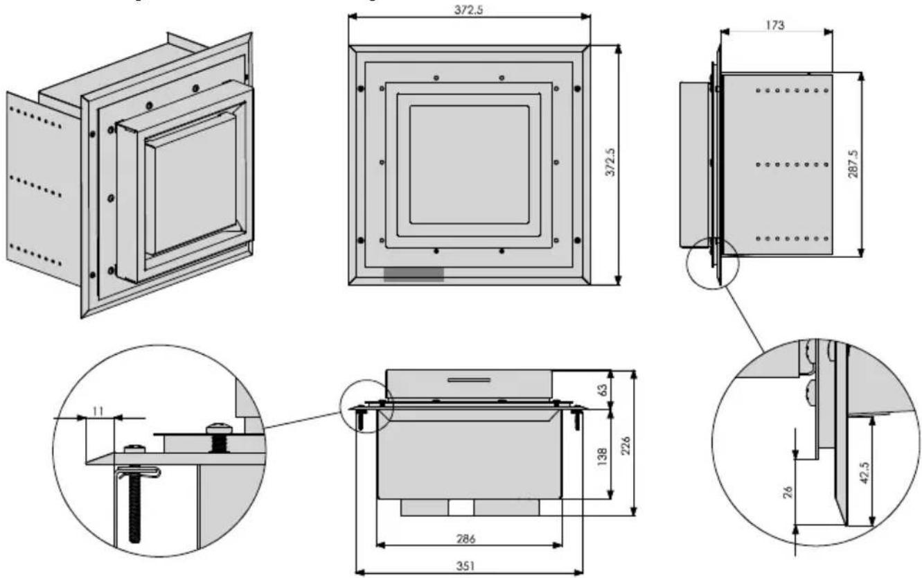Technical drawing of a mechanical assembly with multiple orthographic views and dimension annotations