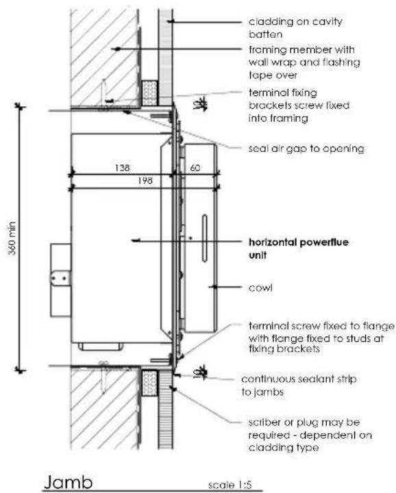 cladding on cavity batten framing member with wall wrap and flashing tape over terminal fixing brackets screw fixed into framing seal air gap to opening 138 60 198 horizontal powerflue unit cowl terminal screw fixed to flange with flange fixed to studs at fixing brackets continuous sealant strip to jambs scitber or plug may be required - dependent on cladding type 360 min Jamb scale 1:5