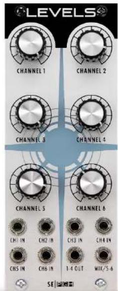 LEVELS CHANNEL 1 CHANNEL 2 CHANNEL 3 CHANNEL 4 CHANNEL 5 CHANNEL 6 CH1 IN CH2 IN CH3 IN CH4 IN CH5 IN CH6 IN 1-4 OUT MIX/5-6 SE