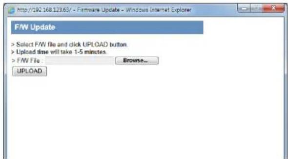 http://192.168.123.63/ - Firmware Update - Windows Internet Explorer F/W Update > Select F/W file and click UPLOAD button > Upload time will take 1-5 minutes. > F/W File : Browse... UPLOAD