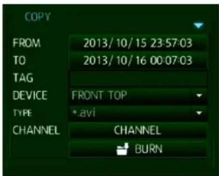 COPY FROM 2013/10/15 23:57:03 TO 2013/10/16 00:07:03 TAG DEVICE FRONT TOP TYPE *.avi CHANNEL CHANNEL BURN