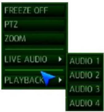 FREEZE OFF PTZ ZOOM LIVE AUDIO ▶ PLAYBACK ▶ AUDIO 1 AUDIO 2 AUDIO 3 AUDIO 4