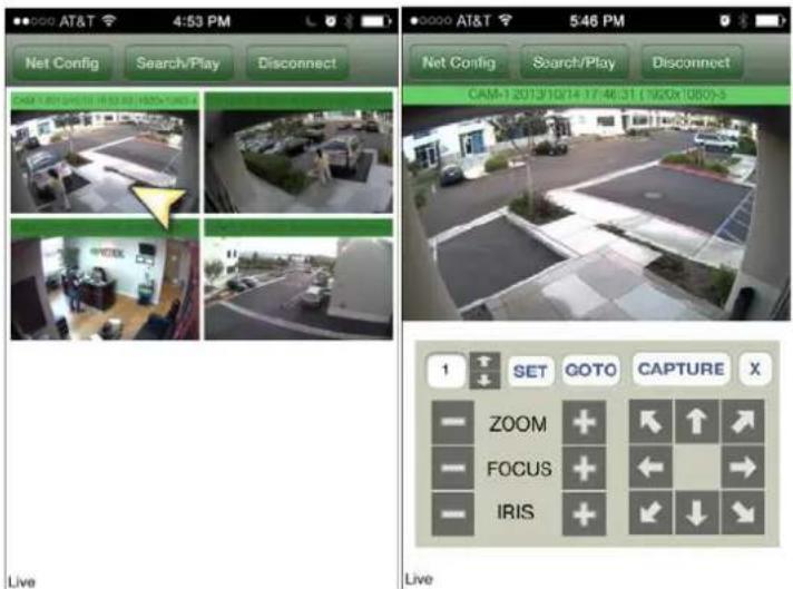 AT&T 4:53 PM Net Config Search/Play Disconnect CAM-1 2013/10/14 17:46:31 (19.0x1080)-3 1 SET GOTO CAPTURE X ZOOM + FOCUS + IRIS + Live