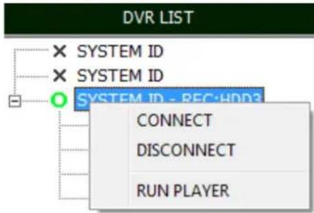 DVR LIST SYSTEM ID SYSTEM ID SYSTEM ID - REC:HDD3 CONNECT DISCONNECT RUN PLAYER
