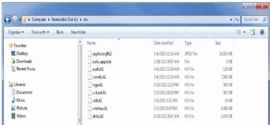 Computer > Removable Disk (k) > dvr Organize > Share with > Burn > New folder Favorites Desktop Downloads Recent Places Libraries Documents Music Pictures Videos Name Date modified Type Size appfs.kor.jffs2 5/4/2013 1:2:19 AM JFFS2 File 24,924 KB auto_upgrade 2/28/2013 9:57 AM File 1 KB auxfs.h1 5/4/2013 1:2:19 AM H1 File 128 KB cramfs.h1 5/4/2013 1:2:18 AM H1 File 7,580 KB logo.h1 B/23/2012 2:23 PM H1 File 380 KB u-boot.h1 5/2/2013 10:33 PM H1 File 367 KB uldr.h2 3/5/2013 5:21 PM H2 File 34 KB vmlinux.h1 5/2/2013 9:43 PM H1 File 4,466 KB xhdq.h2 B/23/2012 8:47 AM H2 File 1,476 KB