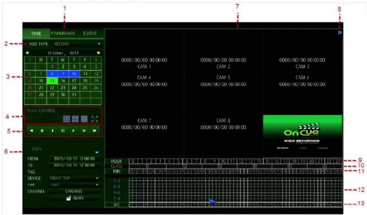 TIME PANORAMA EVENT HDD TYPE RECORD October 2013 S M T W T F S 1 2 3 4 5 9 7 8 9 10 11 12 11 14 15 16 17 18 19 20 21 22 23 24 25 26 27 28 29 30 31 PLAY CONTROL COMPT FROM 2013/10/15 12:00:00 TO 2013/10/15 12:10:00 TAG DEVICE FRONT TOP TYPE .LAVI CHANNEL CHANNEL BURN HOUR CLASS MIN 1-2 3-4 5-6 7-8 SEC 0000/00/00 00:00:00 CAM 1 CAM 4 0000/00/00 00:00:00 CAM 7 0000/00/00 00:00:00 CAM 8 0000/00/00 00:00:00 HOUR CLASS MIN 1-2 3-4 5-6 7-8 SEC 0 1 2 3 4 5 6 7 8 9 10 11 12 13 14 15 16 17 18 19 20 21 22 23 Class 0 10 20 30 40 50 HOUR CLASS MIN 1-2 3-4 5-6 7-8 SEC 1-2 3-4 5-6 7-8
