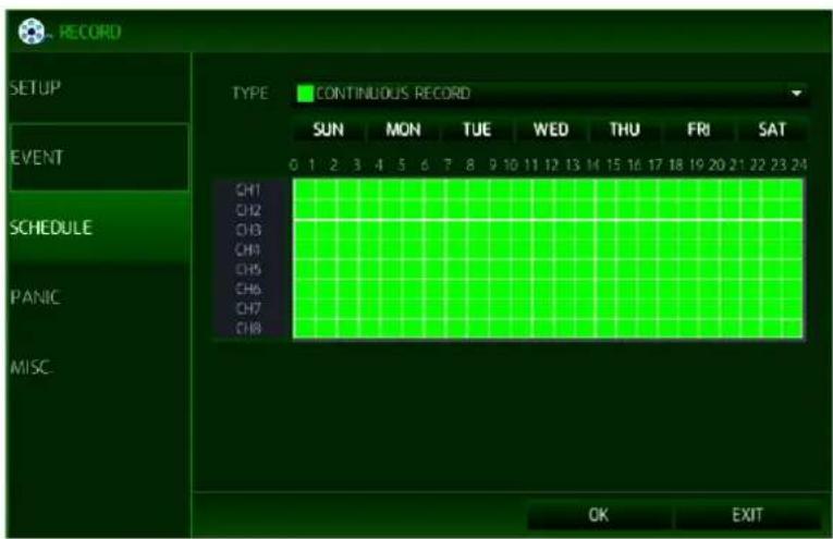 RECORD SETUP EVENT SCHEDULE PANIC MISC. TYPE CONTINUOUS RECORD SUN MON TUE WED THU FRI SAT 0 1 2 3 4 5 6 7 8 9 10 11 12 13 14 15 16 17 18 19 20 21 22 23 24 CH1 CH2 CH3 CH4 CH5 CH6 CH7 CH8 OK EXIT
