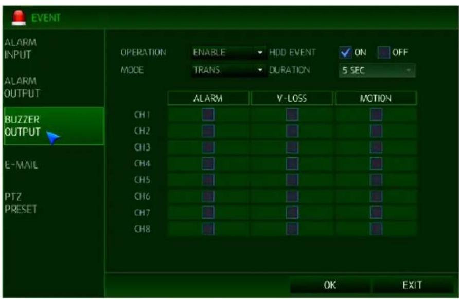 EVENT ALARM INPUT ALARM OUTPUT BUZZER OUTPUT E-MAIL PTZ PRESET OPERATION ENABLE HDD EVENT ON OFF MODE TRANS DURATION 5 SEC ALARM V-LOSS MOTION CH1 CH2 CH3 CH4 CH5 CH6 CH7 CH8 OK EXIT