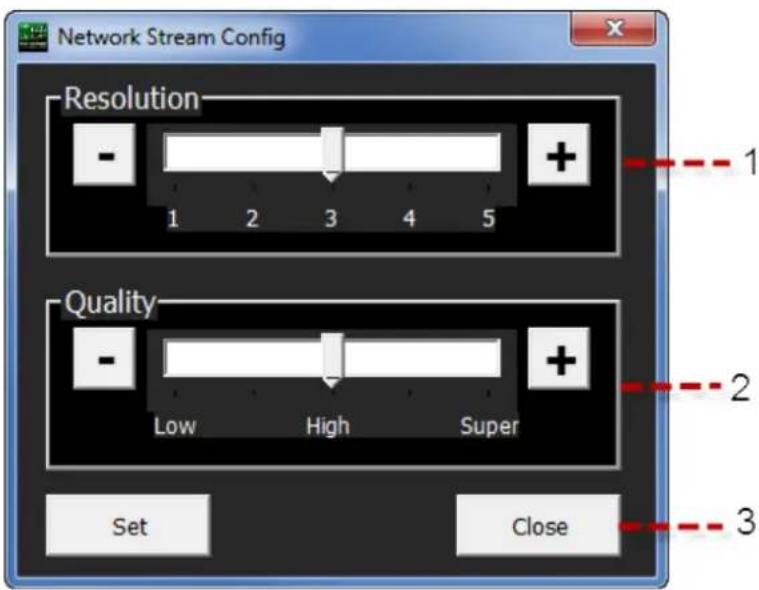 Network Stream Config Resolution - 1 2 3 4 5 Quality - Low High Super Set Close 1 2 3