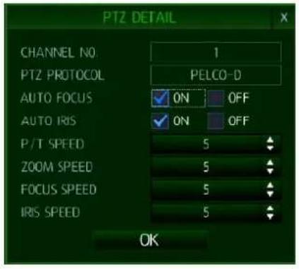 PTZ DETAIL CHANNEL NO. 1 PTZ PROTOCOL PELCO-D AUTO FOCUS ON OFF AUTO IRIS ON OFF P/T SPEED 5 ZOOM SPEED 5 FOCUS SPEED 5 IRIS SPEED 5 OK