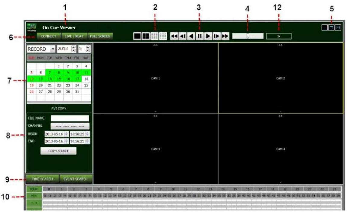 On Cue Viewer CONNECT LIVE/PLAY FULL SCREEN 6 RECORD 2013 5 MON TUE WED THU FRI SAT 1 2 3 4 5 6 7 8 9 10 11 12 13 14 15 16 17 18 19 20 21 22 23 24 25 26 27 28 29 30 31 AVI COPY FILE NAME CHANNEL ---- ---- ---- BEGIN 2013-05-16 10:56:25 END 2013-05-16 10:56:25 COPY START CAM 1 CAM 2 CAM 3 CAM 4 9 TIME SEARCH EVENT SEARCH HOUR 0 1 2 3 4 5 6 7 8 9 10 11 12 13 14 15 16 17 18 19 20 21 22 23 MIN 0 1 2 3 4 5 6 7 8 9 10 11 12 13 14 15 16 17 18 1 -4 57.50