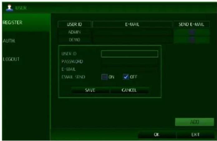 USER REGISTER AUTH: LOGOUT USER ID E-MAIL SEND E-MAIL ADMIN DEMO USER ID PASSWORD E-MAIL EMAIL SEND ON OFF SAVE CANCEL ADD OK EXIT