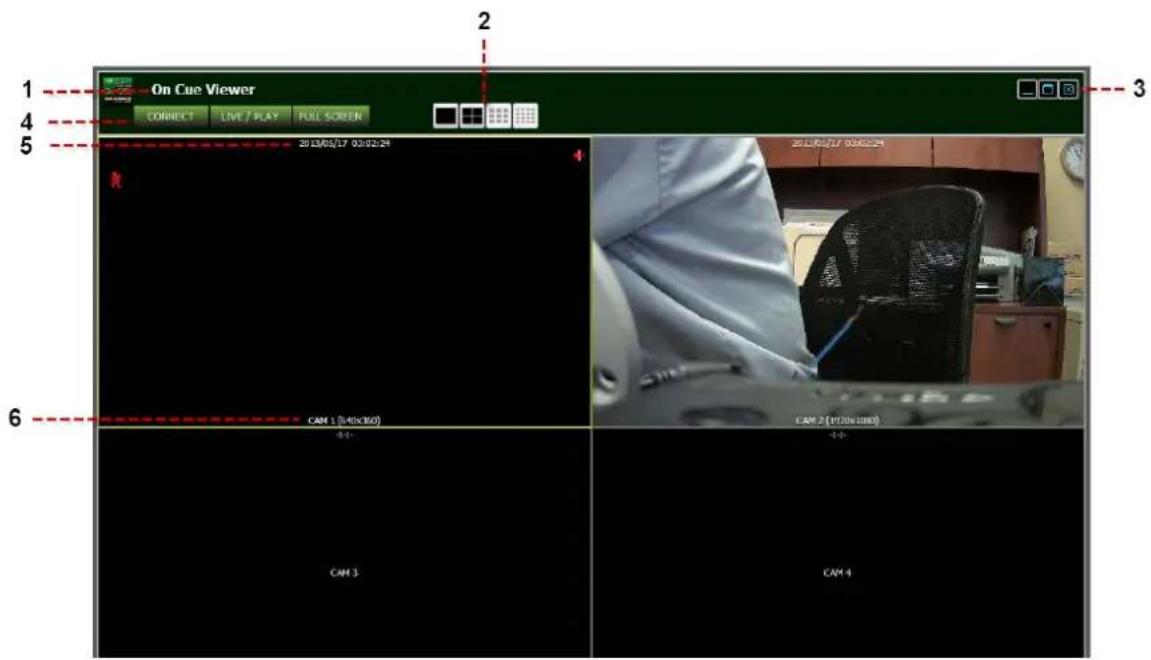 On Cue Viewer 1 2 3 4 5 CONNECT LIVE / PLAY FULL SCREEN 2013/03/17 00:00:24 CAM 1 (0:40:360) CAM 2 (07:00:380) CAM 3 CAM 4