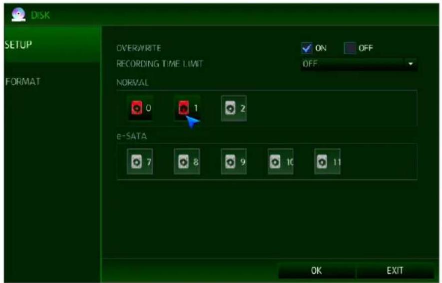 DISK SETUP FORMAT OVERWRITE ON OFF RECORDING TIME LIMIT OFF NORMAL 0 1 2 e-SATA 7 8 9 10 11 OK EXIT