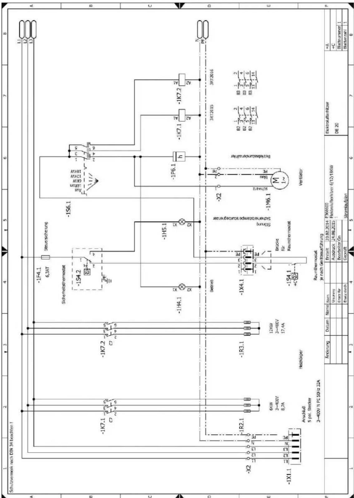 Schutzvermerk nach DIN 34 beachten! L1 L2 L3 A B C D E F -1K7.1 -1K7.2 -1H4.1 -1H5.1 -1P6.1 -1K7.1 -1K7.2 N PE X2 -1R2.1 -1R3.1 -1X4.1 -1M6.1 -1S6.1 Sichermelsthermostat Sicherleisthermostat Betrieb Beckfe Brücke für Raumthermostat Beiziebschunzahler Ventilator Reumthermostat je nach Geräteausführun…