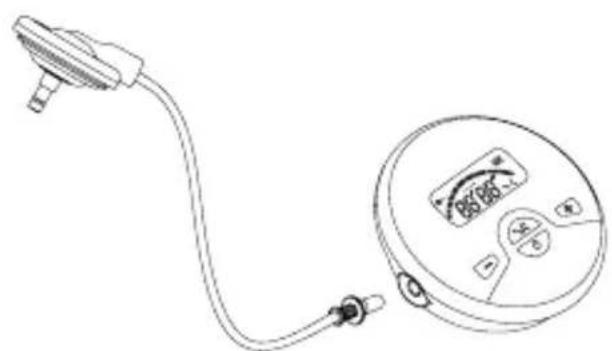 Line drawing of a pressure meter connected to a terminal outlet, showing digital display and control buttons (no text or symbols)