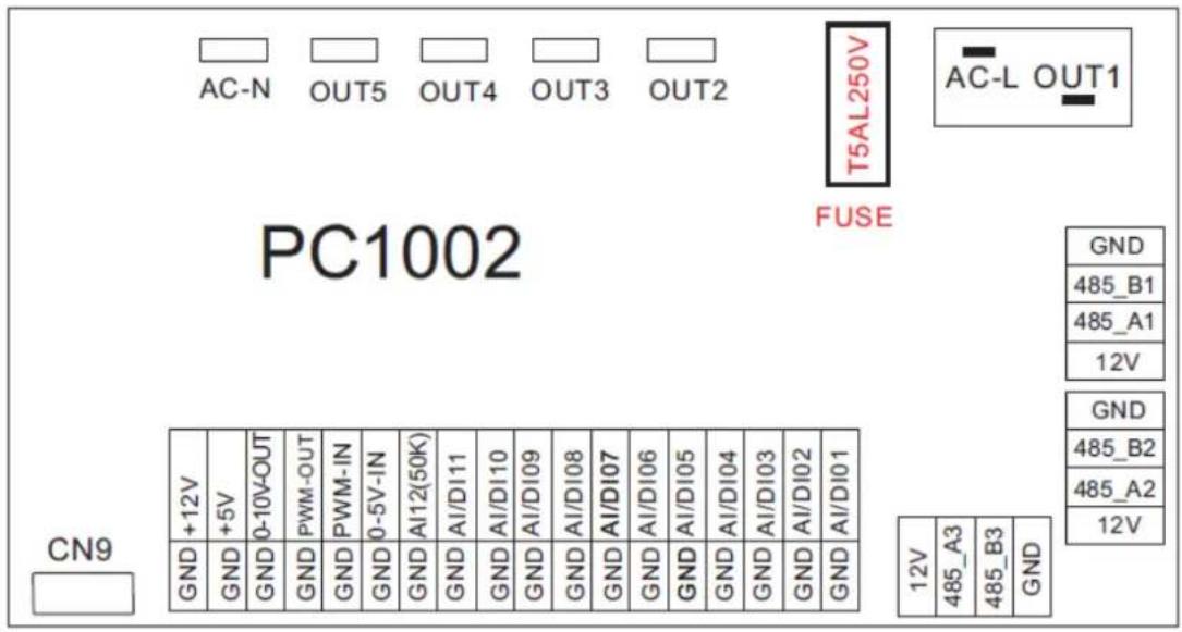 AC-N OUT5 OUT4 OUT3 OUT2 T5AL250V AC-L OUT1 PC1002 FUSE CN9 +12V +5V 0-10V-OUT PWM-OUT PWM-IN 0-5V-IN AI12(50K) AI/D111 AI/D110 AI/D109 AI/D108 AI/D107 AI/D106 AI/D105 AI/D104 AI/D103 AI/D102 AI/D101 GND 485_B1 485_A1 12V GND 485_B2 485_A2 12V GND 485_A3 485_B3 GND