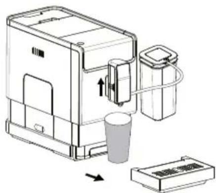 Diagram showing a coffee maker with a cup and a side box, illustrating the process of adding a coffee cup into a container.