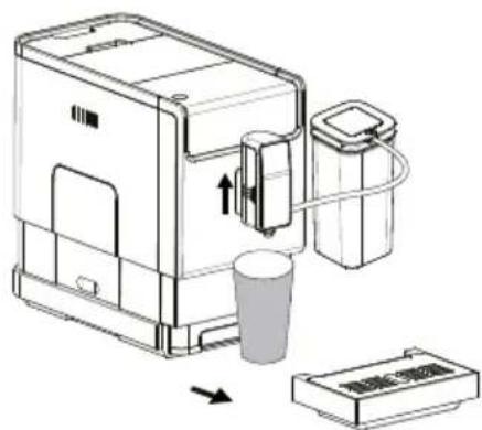 Diagram showing a coffee maker with a cup and a tray, illustrating the process of adding a coffee container.