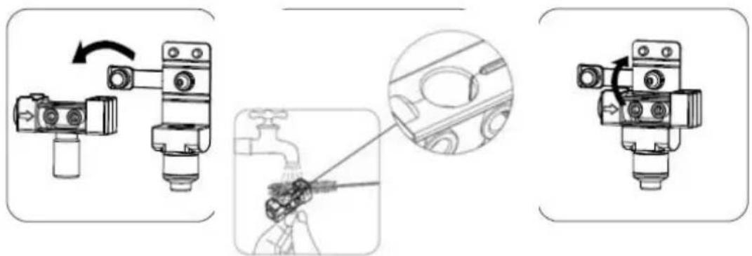 Technical diagram showing mechanical assembly steps with labeled components and a magnified detail view of the tool path.