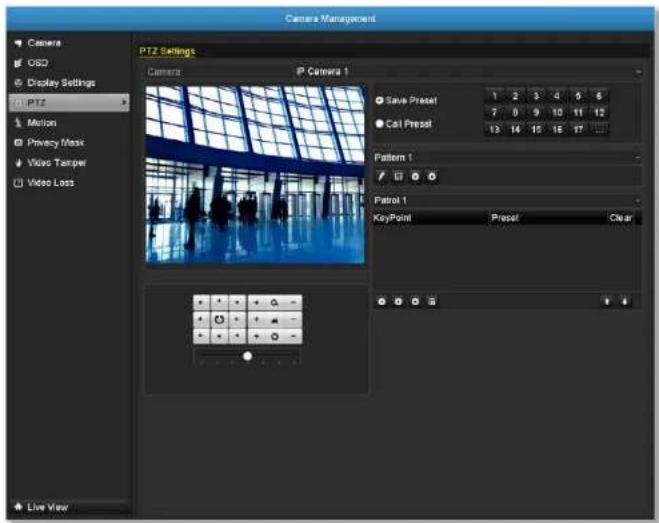 Camera Management PTZ Settings Camera IP Camera 1 Save Preset 7 8 9 10 11 12 Call Preset 13 14 15 16 17 ... Pattern 1 Patrol 1 KeyPoint Preset Clear Live View