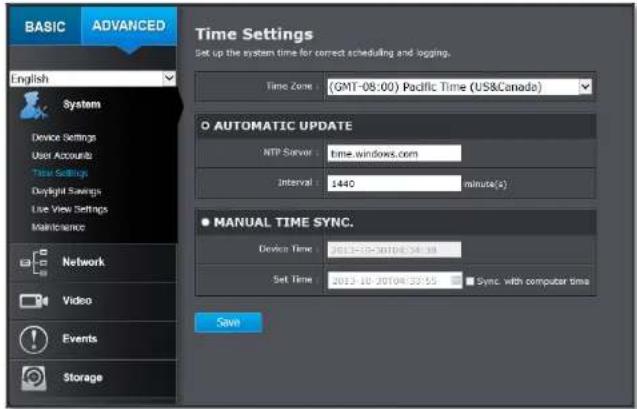 BASIC ADVANCED English System Device Settings User Accounts Trial Settings Daylight Savings Use View Settings Maintenance Network Video Events Storage Time Settings Set up the system time for correct scheduling and logging. Time Zone (GMT-08:00) Pacific Time (US&Canada) O AUTOMATIC UPDATE NTP Server : time.windows.com Interval 1440 minute(s) ● MANUAL TIME SYNC. Device Time 2013-10-20104:34:18 Set Time 2013-10-20104:33:55 Sync. with computer time Save
