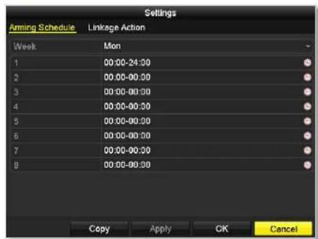 Settings Aming Schedule Linkage Action Week Mon 1 00:00-24:00 2 00:00-00:00 3 00:00-00:00 4 00:00-00:00 5 00:00-00:00 6 00:00-00:00 7 00:00-00:00 8 00:00-00:00 Copy Apply OK Cancel