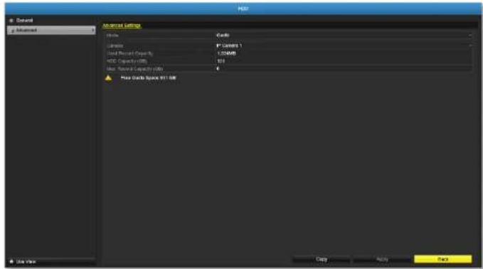 Default Advanced Advanced Settings Load Cable Limiting P* Capacities Used Record Capacity 1.25GW HDD Capacity (400) 324 Max. Total Capacity (600) 4 Hold Data Space V1.08 Copy Apply Help
