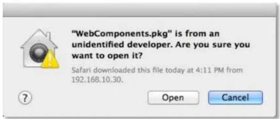 "WebComponents.pkg" is from an unidentified developer. Are you sure you want to open it? Safari downloaded this file today at 4:11 PM from 192.168.10.30.