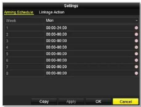 Settings Aiming Schedule Linkage Action Week Mon 1 00:00-24:00 2 00:00-00:00 3 00:00-00:00 4 00:00-00:00 5 00:00-00:00 6 00:00-00:00 7 00:00-00:00 8 00:00-00:00 Copy Apply OK Cancel