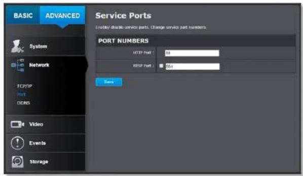 BASIC ADVANCED Service Ports Leather disable service parts, Change service part numbers. PORT NUMBERS HTTP Port: 30 RISP Port: 564 Save