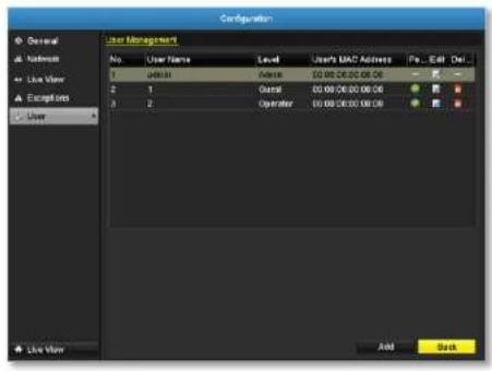 Configuration General Networks Live View Exceptions User User Management No. User Name Level User's MAC Address Fe... Edit Del 1 Address Address 00:00 DE3006.06.06 2 1 Output 00:00 DE3006.06.06 3 2 Operator 00:00 DE3006.06.06 Live View Add Back