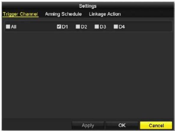 Settings Trigger Channel Arming Schedule Linkage Action All D1 D2 D3 D4 Apply OK Cancel