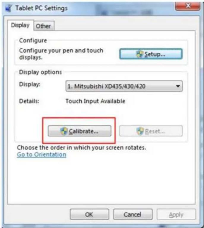 Tablet PC Settings Display Other Configure Configure your pen and touch displays. Setup... Display options Display: 1. Mitsubishi XD435/430/420 Details: Touch Input Available Calibrate... Reset... Choose the order in which your screen rotates. Go to Orientation OK Cancel Apply