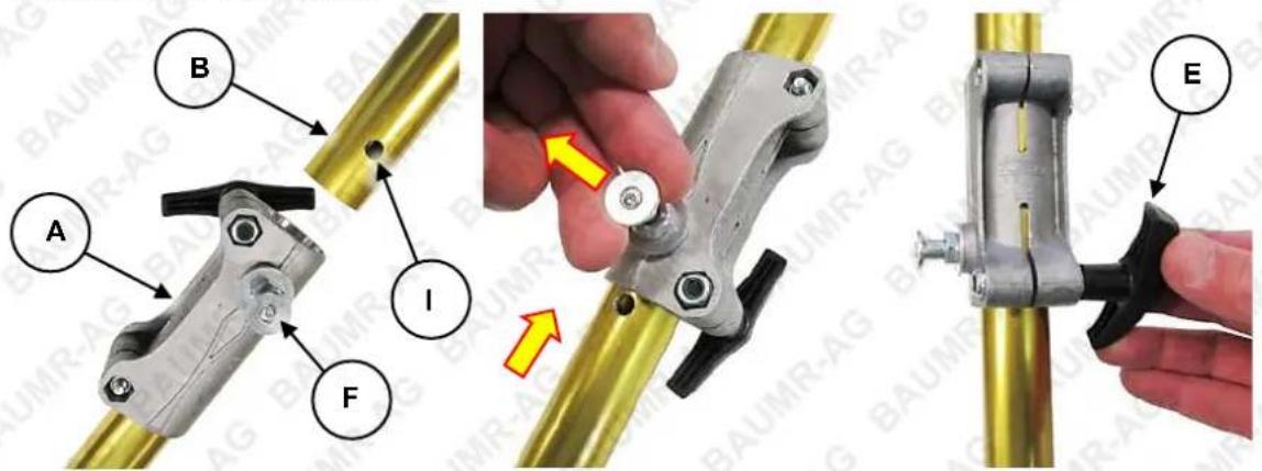 Technical diagram showing mechanical assembly steps with labeled parts A through F, including a highlighted section and directional arrows.
