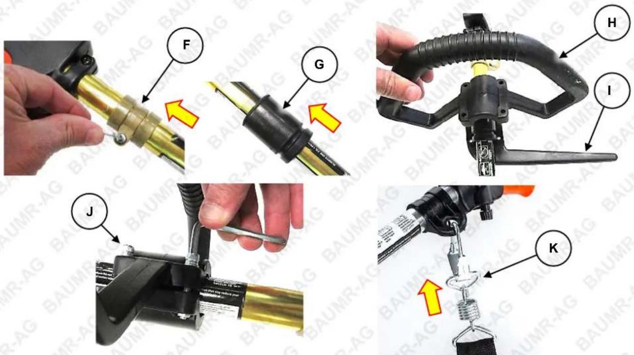 Technical diagram showing four steps of a welding or iron hooking tool with labeled components (F, G, H, I, J, K) and directional arrows indicating process flow.