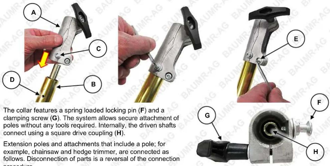 The collar features a spring loaded locking pin (F) and a clamping screw (G). The system allows secure attachment of poles without any tools required. Internally, the driven shafts connect using a square drive coupling (H). Extension poles and attachments that include a pole; for example, chainsaw and hedge trimmer, are connected as follows. Disconnection of parts is a reversal of the connection procedure.