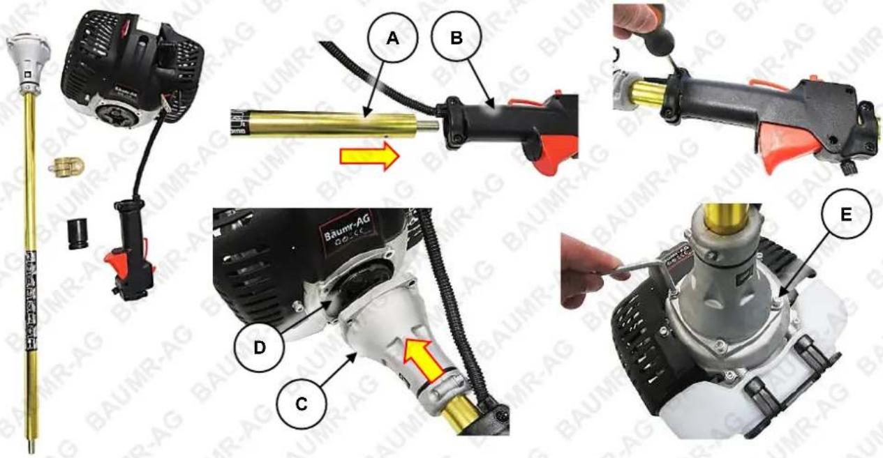 Technical diagram showing exploded view of a BAUMR-AG power tool assembly with labeled parts A through E